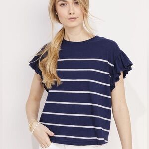 Vineyard Vines Navy Blue & White Striped Flutter Sleeve Surftee Loose Fit Top Sm
